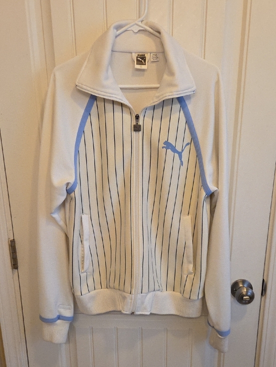 Puma Other - VINTAGE 70s Puma White Track Jacket with Light Blue Accents and Navy Pinstripes